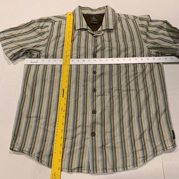 Prana Men Green Brown Stripe Dot Short Sleeve Cotton Blend Button Up Shirt Large - Picture 7 of 7